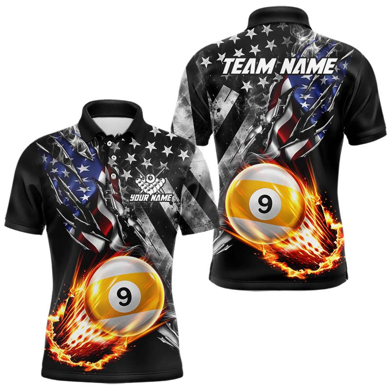 Maxcorners Custom 9 Ball Fire Pool Polo 1/4-Zip Shirt For Men Patriotic American Flag Pool Billiard Team Jersey