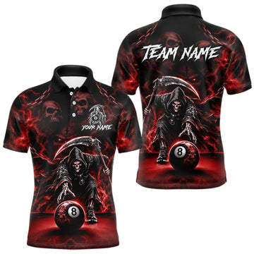 Maxcorners Grim Reaper Billiard Shirt For Men Red Smoke 8 Ball Pool Jersey Custom Name Skull Billiard Shirt LM0409