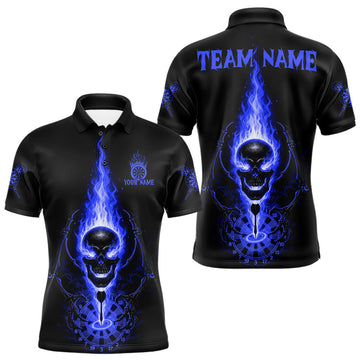 Maxcorners Skeleton Fire Flame Dartboard Custom Mens Polo Dart Shirt Blue Skull Dart Jerseys LM2603
