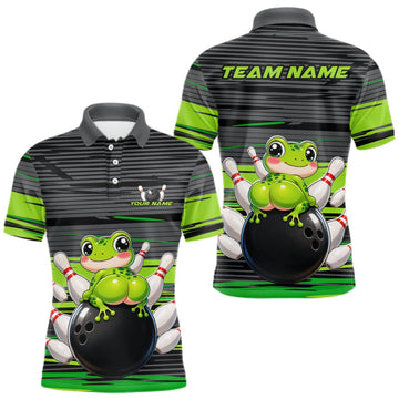 Maxcorners Funny Frog Mens Bowling Polo 1/4-Zip Shirt Custom Grey And Green Strikes Bowling Team Jersey LM0409