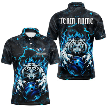 Maxcorners Black & Blue Flame Tiger Bowling Ball Shirt For Men Custom Polo 1/4-Zip Funny Bowling Team Jersey