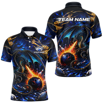 Maxcorners Blue And Gold Dragon Bowling Shirt For Men Custom Fire Flame Polo 1/4-Zip Bowling Team Jersey LM0607