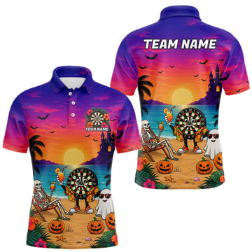 Maxcorners Halloween Skeleton Darts Polo 1/4-Zip Shirt For Men Custom Funny Tropical Darts Team Jersey LM0409