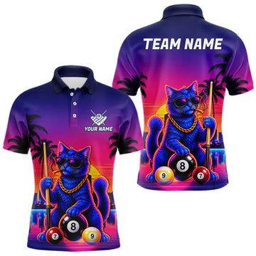 Maxcorners Custom Funny Billiard Shirt For Men Personalized Neon Cat 8-Ball Pool Team Jersey Billiard Apparel LM0410