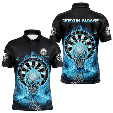 Maxcorners Black Blue Flaming Skeleton Darts Custom Men's Dart Polo Shirts Team Dart League Jerseys