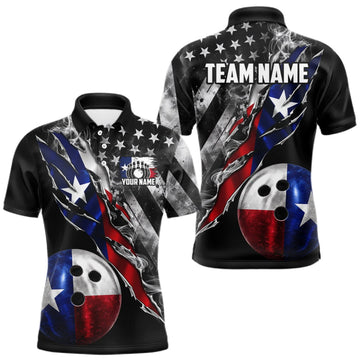 Maxcorners Torn Texas Flag Patriotic Bowling Jersey For Men Custom Grunge American Flag Bowling Team Shirts LM0409
