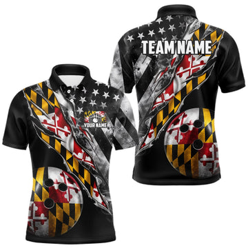 Maxcorners Torn Maryland Flag Patriotic Bowling Jersey For Men Custom Grunge American Flag Bowling Team Shirts LM0409