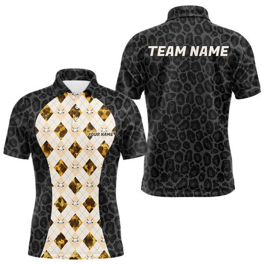 Maxcorners Black Leopard Mens Golf Polo Shirt Personalized Yellow Argyle Pattern Golf Team Outfits LM0106