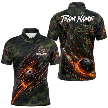 Maxcorners Green Camo Mens Bowling Polo 1/4-Zip Shirt Dinosaur Bowling Custom Name Retro Bowling Team Shirt