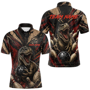 Maxcorners Funny Dinosaur Retro Bowling Polo 1/4-Zip Shirt For Men Custom Red Grunge Bowling Team Name Shirt