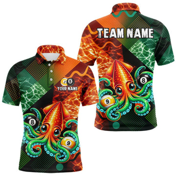 Maxcorners Green Orange Flame Squid 8 Ball& 9 Ball Billiard Shirt For Men Funny Billiard Team Tournament Shirt LM0510