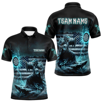 Maxcorners Custom Lightning Turquoise Grim Reaper Beer Funny Men Darts Polo Shirt US Flag Dart Jerseys LM2603