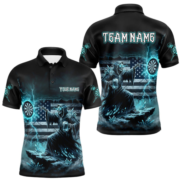 Maxcorners Custom Lightning Turquoise Grim Reaper Beer Funny Men Darts Polo Shirt US Flag Dart Jerseys TU0411