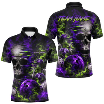 Maxcorners Custom Green & Purple Smoke Skull Bowling Shirts For Men Retro Skull Bowling Tournament Shirt