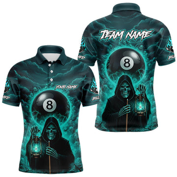 Maxcorners Teal Thunder Grim Reaper 8 Ball Pool Men Polo & 1/4-Zip Shirt Custom Billiard Ball & Cue Gifts LM0901