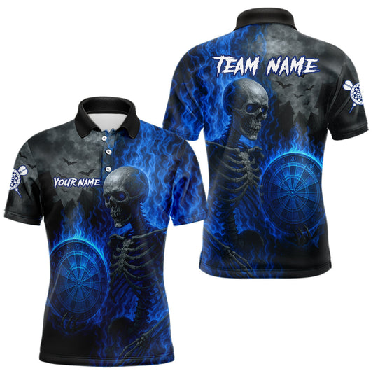 Maxcorners Custom Grey And Blue Flames Dartboard Skeleton Dart Men Polo Shirt Dart Team Jerseys LM0404