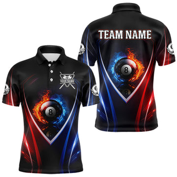 Maxcorners Blue And Red Flames 8 Ball Pool Men Polo & 1/4-Zip Team Shirts Custom Billiards Ball Apparel LM1104
