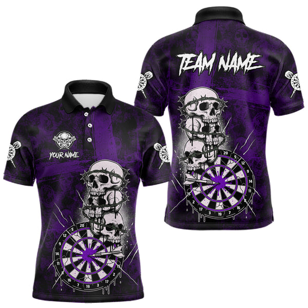 Maxcorners Custom Purple Grunge Barbed Wire Grey Skull Dartboard Men Darts Polo Shirt Dart Jerseys TU1711