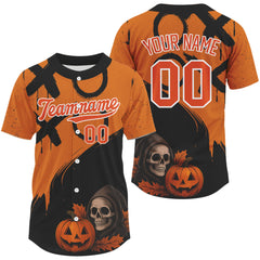 Maxcorners Custom Skeleton Pumpkin Baseball Halloween T-Shirt For Men Outfits Skull Baseball Shirts LM1809