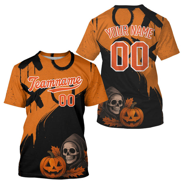 Maxcorners Custom Skeleton Pumpkin Baseball Halloween T-Shirt For Men Outfits Skull Baseball Shirts LM1809