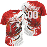 Maxcorners Custom White And Red Scracked Baseball Ball Shirt For Men Fire Flames Baseball Jerseys LM2509