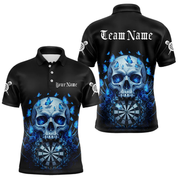 Maxcorners Custom Blue Butterflies Skull Head Flowers Dartboard Men Darts Polo Shirt, Dart Jerseys TU0411