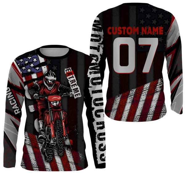 Personalized Motocross Jersey UPF30+, American Flag Dirt Bike Racing Shirt, Off-Road Rider Racewear