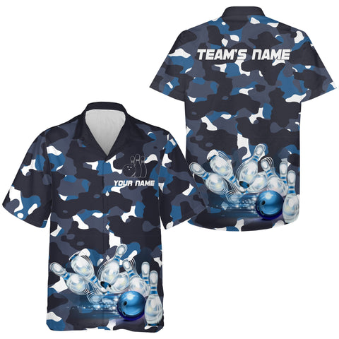 MaxCorners Bowling And Pins Blue CamoCustomized Name, Team Name 3D Hawaiian Shirt