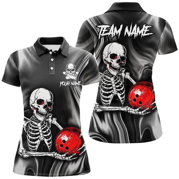 Maxcorners Bowling And Pins Skull  Customized Name, Team Name 3D Polo Shirt