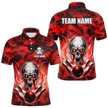 Maxcorners Personalized Red Flame Skull Bowling Jersey Camo Multicolor Polo Bowling Team