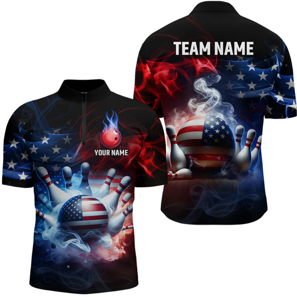 Maxcorners American Flag Smoke Bowling Jersey Customized Name, Team Name 3D Polo Shirt