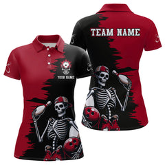 Maxcorners Personalized Red And Black Skeleton Bowling Shirt For Men Skull Bowling Jersey Polo Bowling Shirt