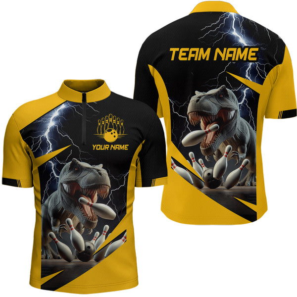 Maxcorners Yellow & Black Thunder Dinosaur Bowling Shirts Custom Bowling Polo Jersey for Men Women