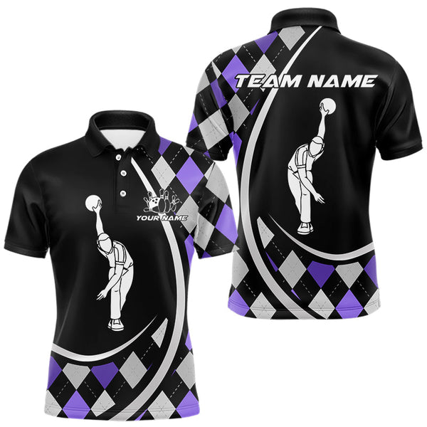 Maxcorners Purple Argyle Pattern Bowling Jersey for Men Custom Polo & 1/4-Zip Bowling Team Shirt Bowling Gift  MT1607