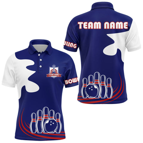 Maxcorners Blue Bowling Ball And Pins Milk Pattern Customized Name And Team Name 3D Shirt