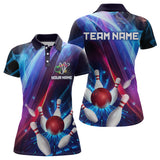 Maxcorners Personalized Galaxy Bowling Pins and Ball Shirt Blue & Purple Neon Polo Bowling Team League