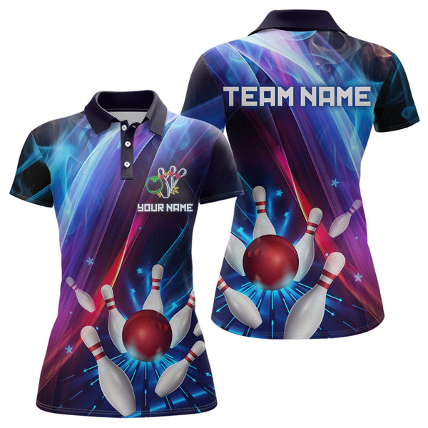 Maxcorners Personalized Galaxy Bowling Pins and Ball Shirt Blue & Purple Neon Polo Bowling Team League