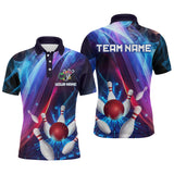 Maxcorners Personalized Galaxy Bowling Pins and Ball Shirt Blue & Purple Neon Polo Bowling Team League