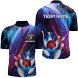 Maxcorners Personalized Galaxy Bowling Pins and Ball Shirt Blue & Purple Neon Polo Bowling Team League