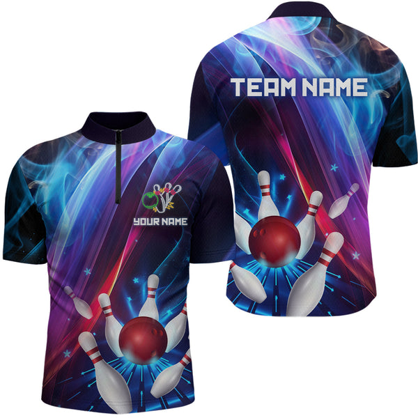 Maxcorners Personalized Galaxy Bowling Pins and Ball Shirt Blue & Purple Neon Polo Bowling Team League