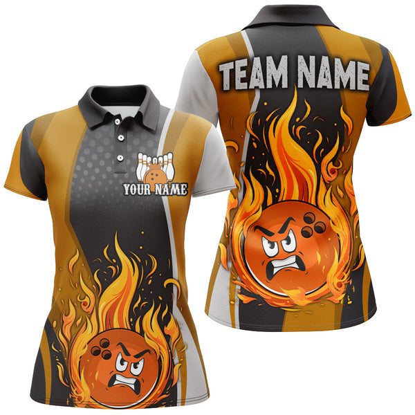 Maxcorners Bowling And Pins Funny Flame Orange  Customized Name, Team Name 3D Polo Shirt