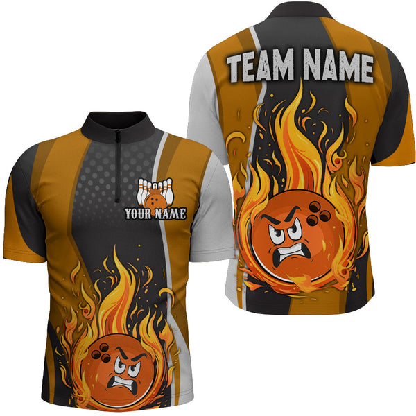 Maxcorners Bowling And Pins Funny Flame Orange  Customized Name, Team Name 3D Polo Shirt