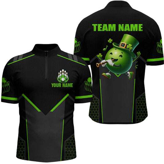 Maxcorners Personalized St Patrick Day Bowling Shirt Quarter-Zip Green Bowling Jersey Team League