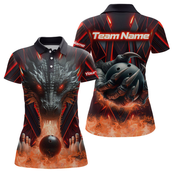 Maxcorners Red & Black Flame Dragon Bowling Shirt Polo Bowling Team League for Men Women Bowling Gifts