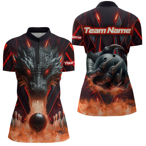 Maxcorners Red & Black Flame Dragon Bowling Shirt Polo Bowling Team League for Men Women Bowling Gifts