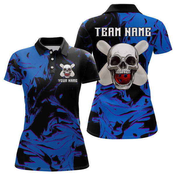Maxcorners Skull Bowling Jersey Men Women Custom Blue Bowling Shirts Polo Bowling Team Shirt