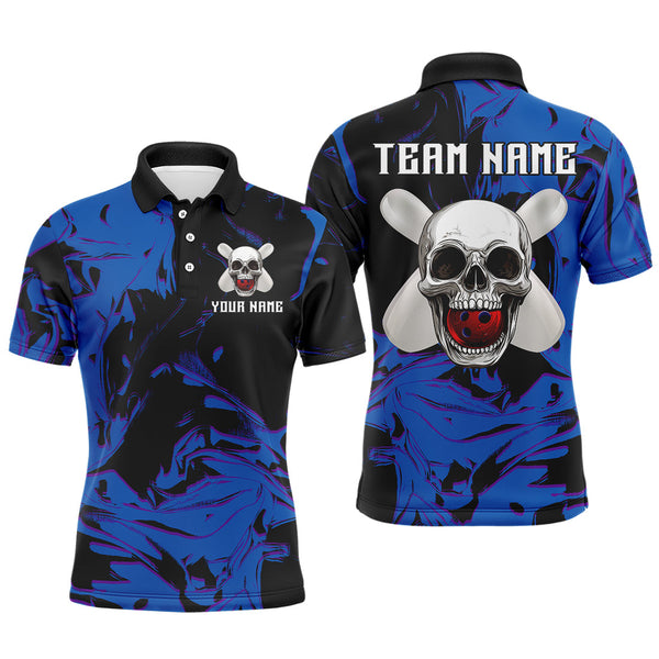 Maxcorners Skull Bowling Jersey Men Women Custom Blue Bowling Shirts Polo Bowling Team Shirt