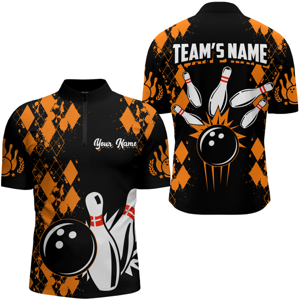 Maxcorners Bowling And Pins Orange Pattern Customized Name, Team Name 3D Polo Shirt