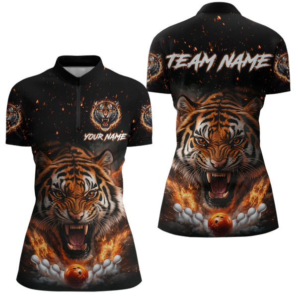 Maxcorners Custom Flame Tiger Bowling Shirt Orange Polo Bowling Jersey for Men and Women Gifts