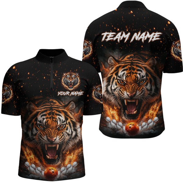 Maxcorners Custom Flame Tiger Bowling Shirt Orange Polo Bowling Jersey for Men and Women Gifts